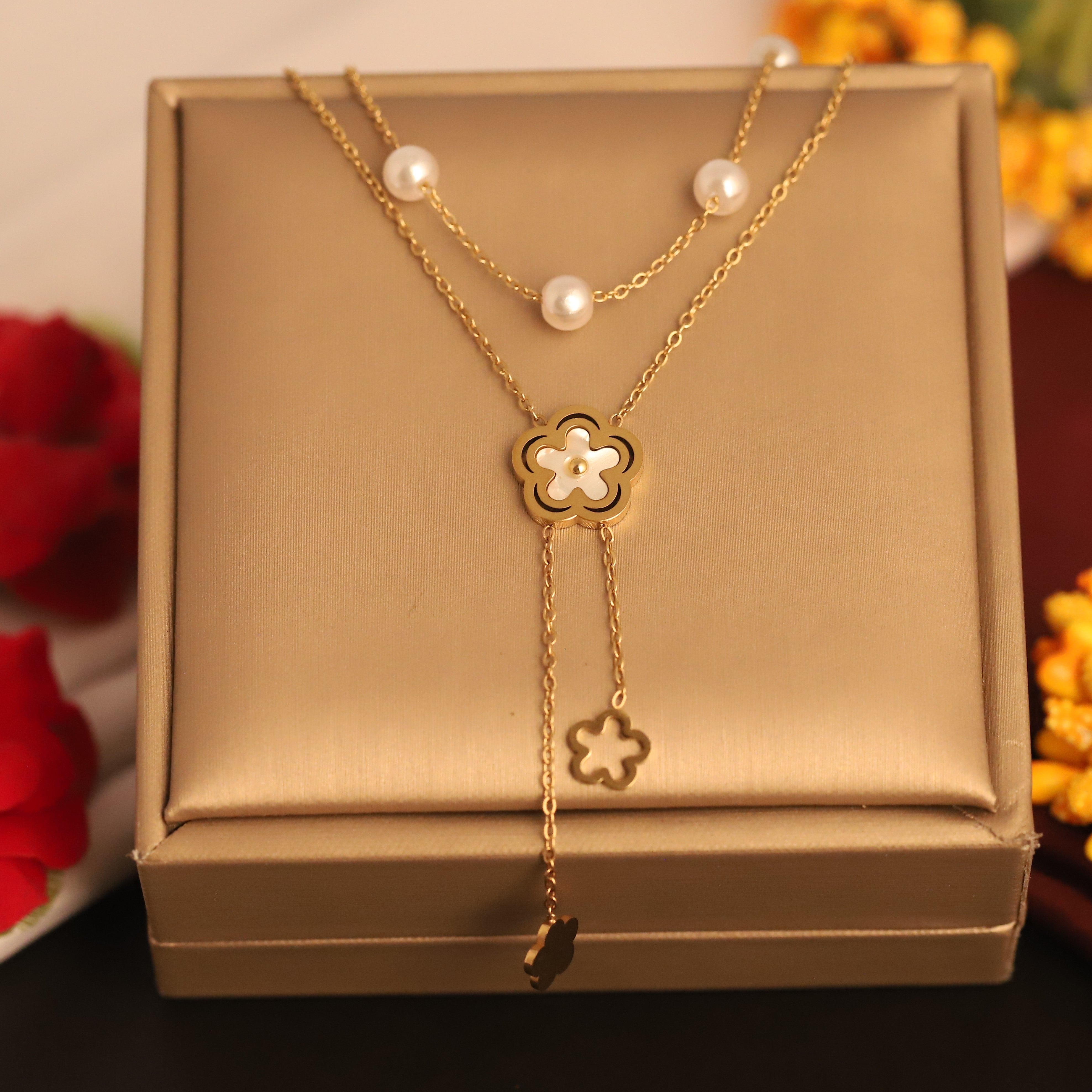 Flower Charms Pearl Chain Gold Plated – Double Layer, Anti-Tarnish, Waterproof, Minimalist Style (GOLD)