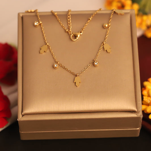 Hamza Charms White Stones Chain Gold Plated – Single Layer, Anti-Tarnish, Waterproof, Minimalist Style (GOLD)