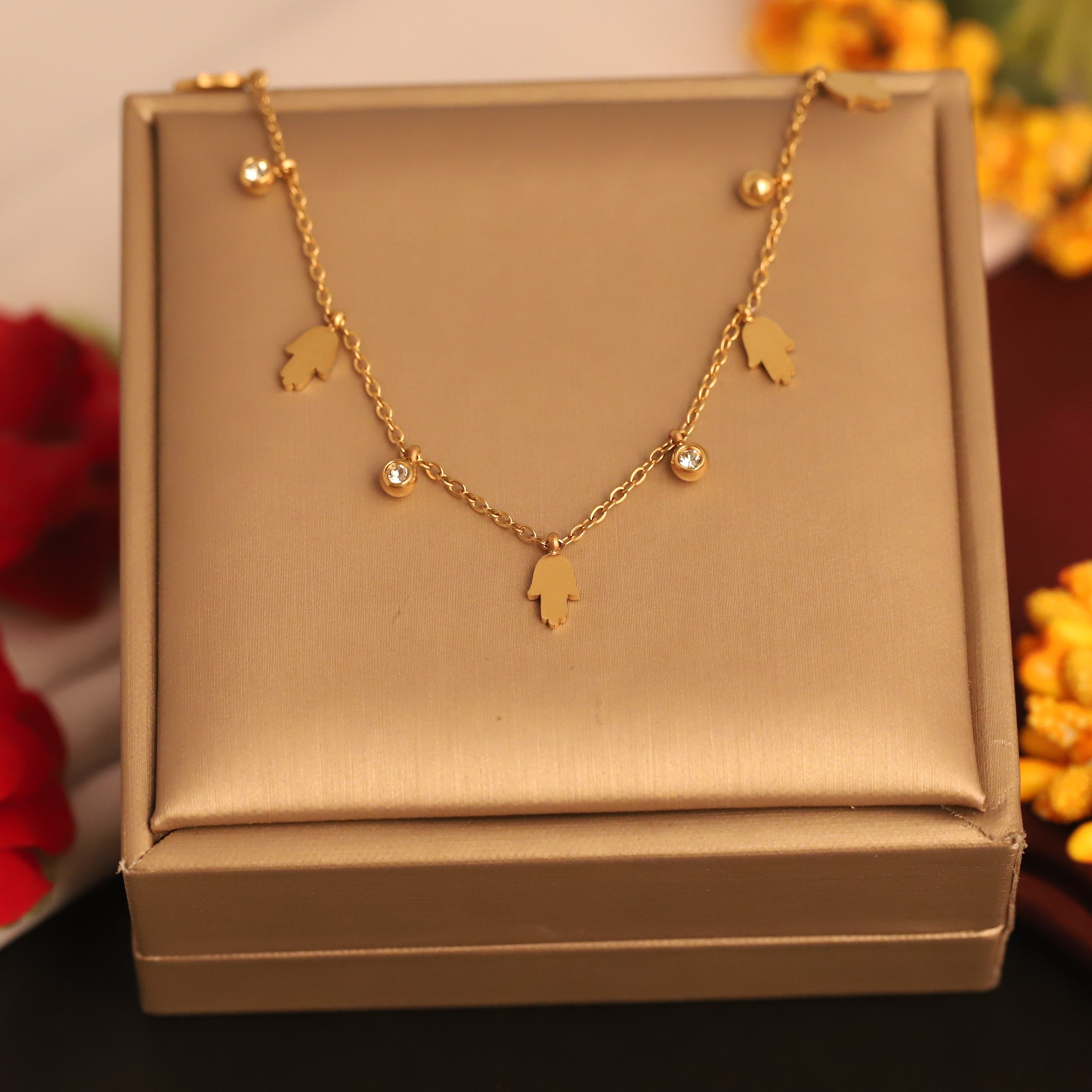 Hamza Charms White Stones Chain Gold Plated – Single Layer, Anti-Tarnish, Waterproof, Minimalist Style (GOLD)