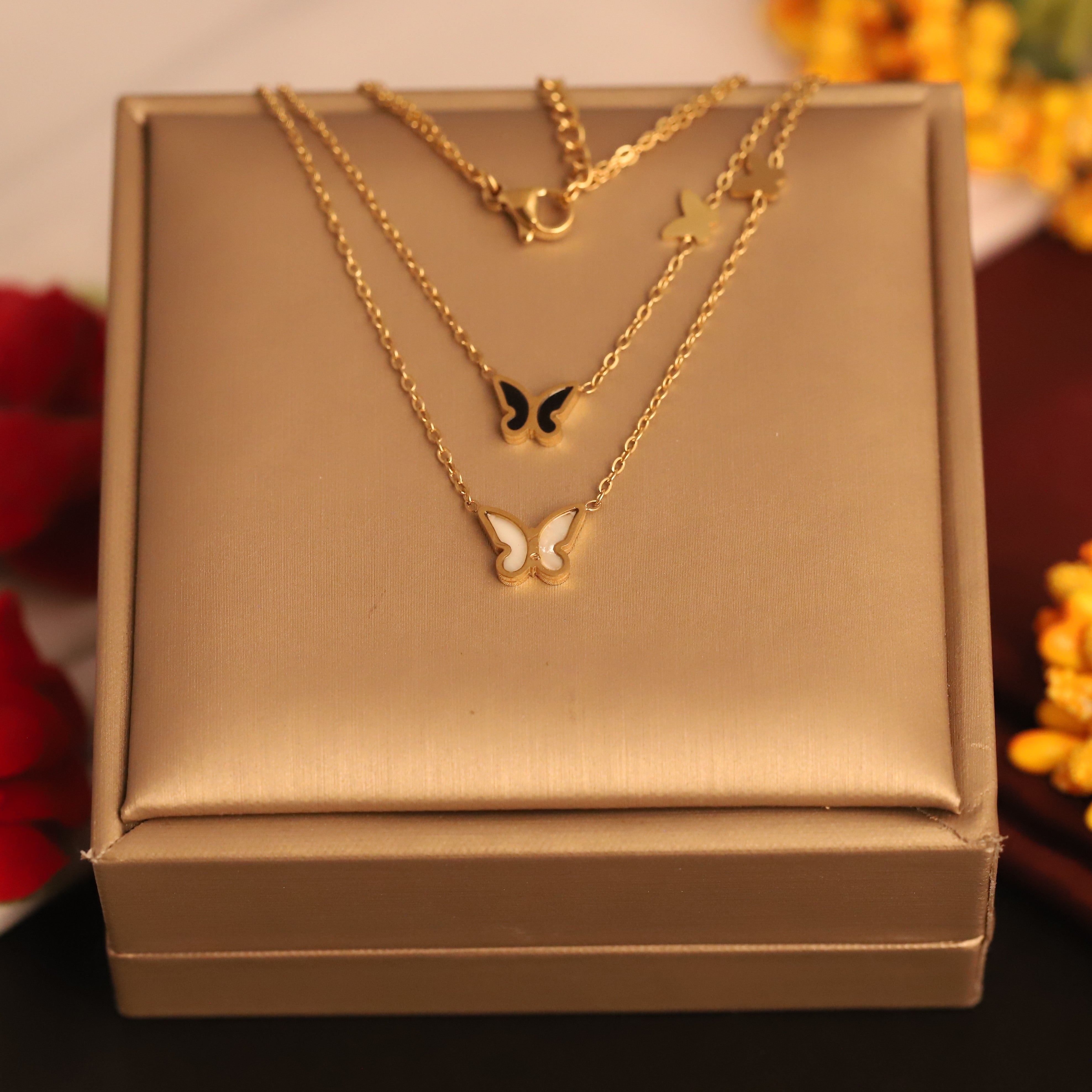 Butterfly Charms Chain Gold Plated – Double Layer, Anti-Tarnish, Waterproof, Minimalist Style (GOLD)