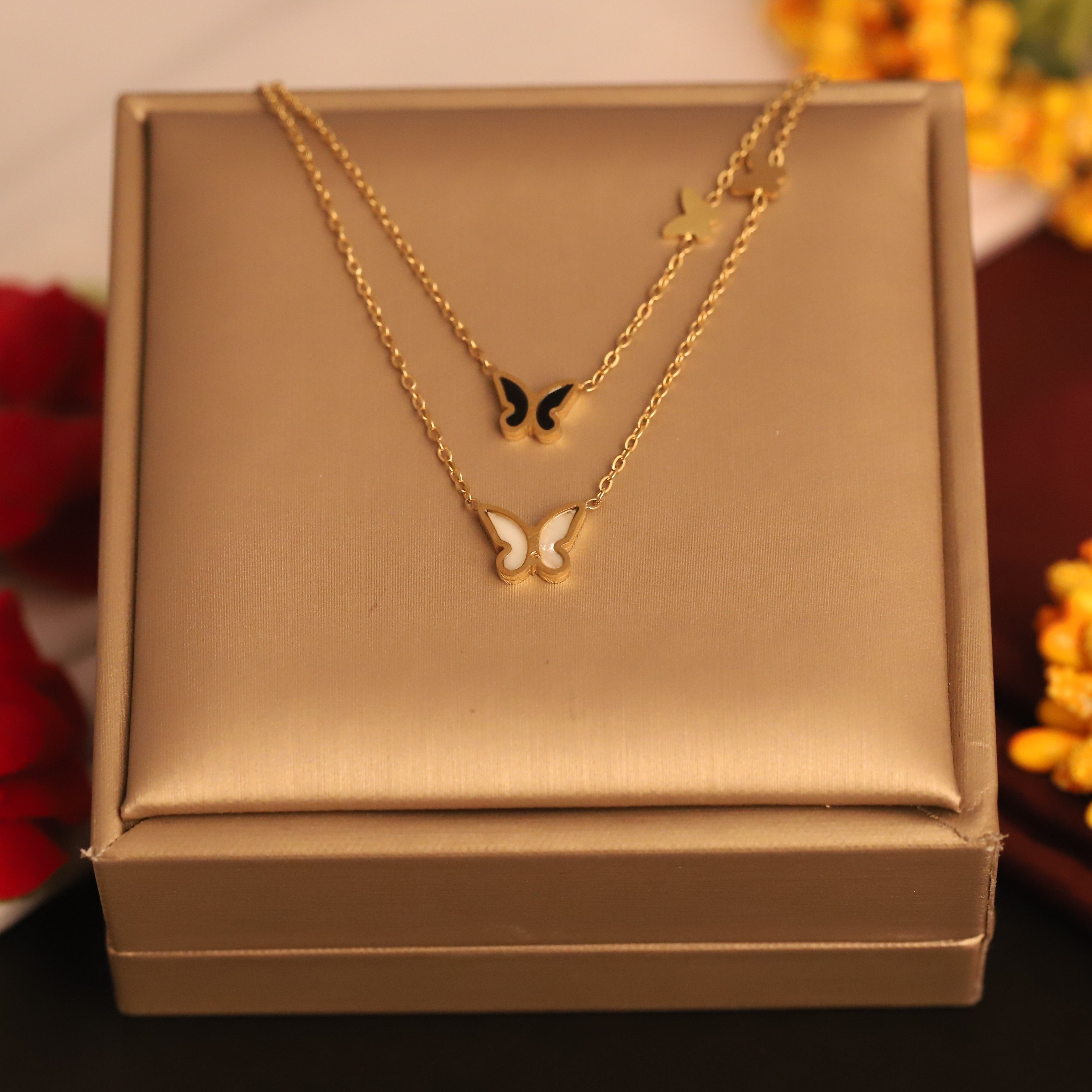 Butterfly Charms Chain Gold Plated – Double Layer, Anti-Tarnish, Waterproof, Minimalist Style (GOLD)