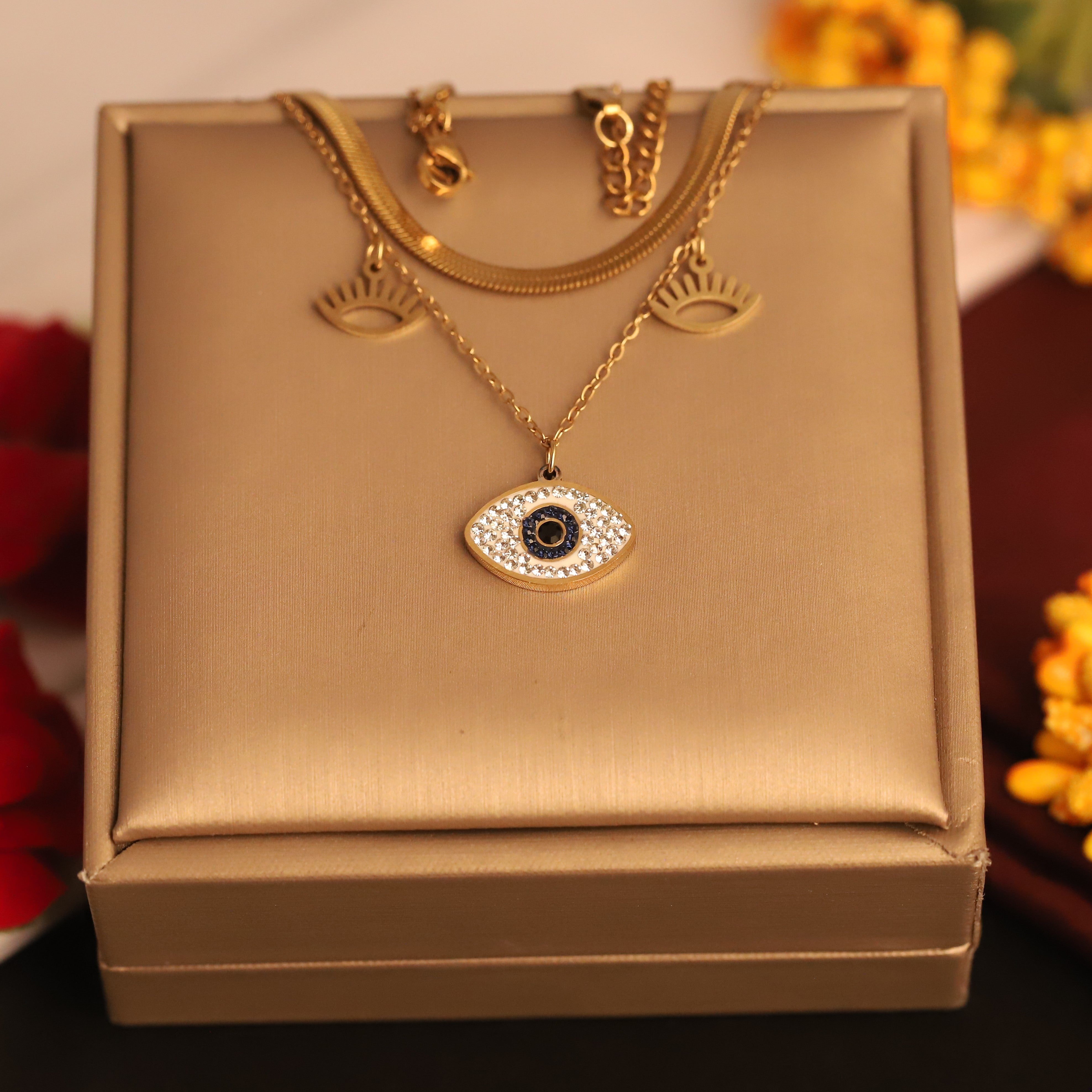 Evil Eye Charm Snake Chain Gold Plated – Double Layer, Anti-Tarnish, Waterproof, Minimalist Style (GOLD)