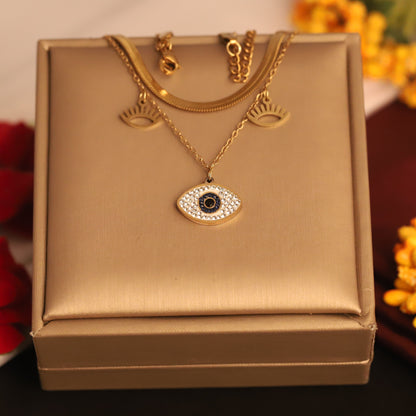 Evil Eye Charm Snake Chain Gold Plated – Double Layer, Anti-Tarnish, Waterproof, Minimalist Style (GOLD)