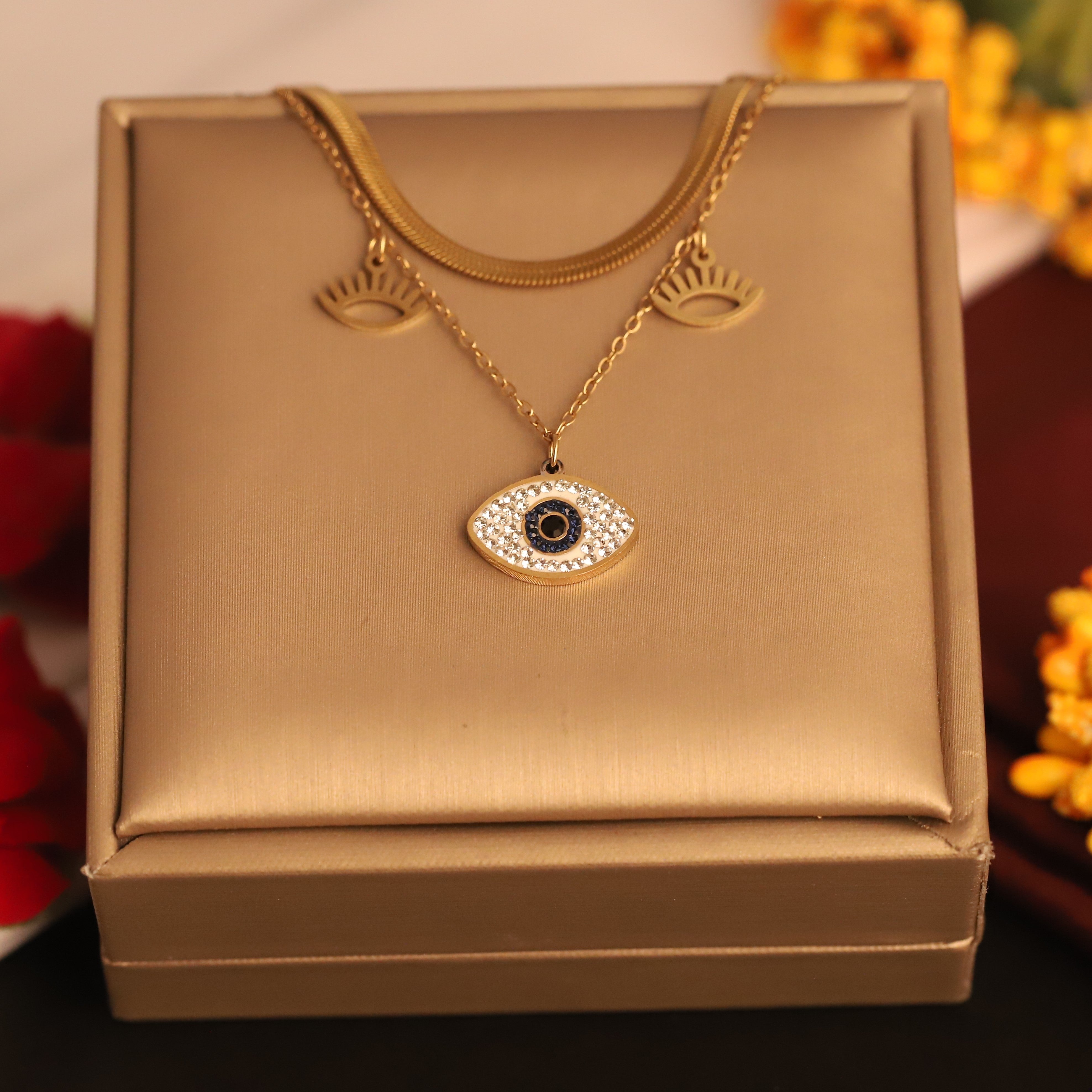 Evil Eye Charm Snake Chain Gold Plated – Double Layer, Anti-Tarnish, Waterproof, Minimalist Style (GOLD)