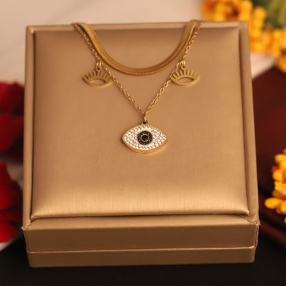 Evil Eye Charm Snake Chain Gold Plated – Double Layer, Anti-Tarnish, Waterproof, Minimalist Style (GOLD)