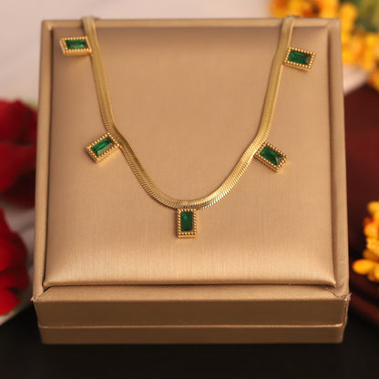 Green Stone Charm Snake Chain Gold Plated – Single Layer, Anti-Tarnish, Waterproof, Minimalist Style (GOLD)