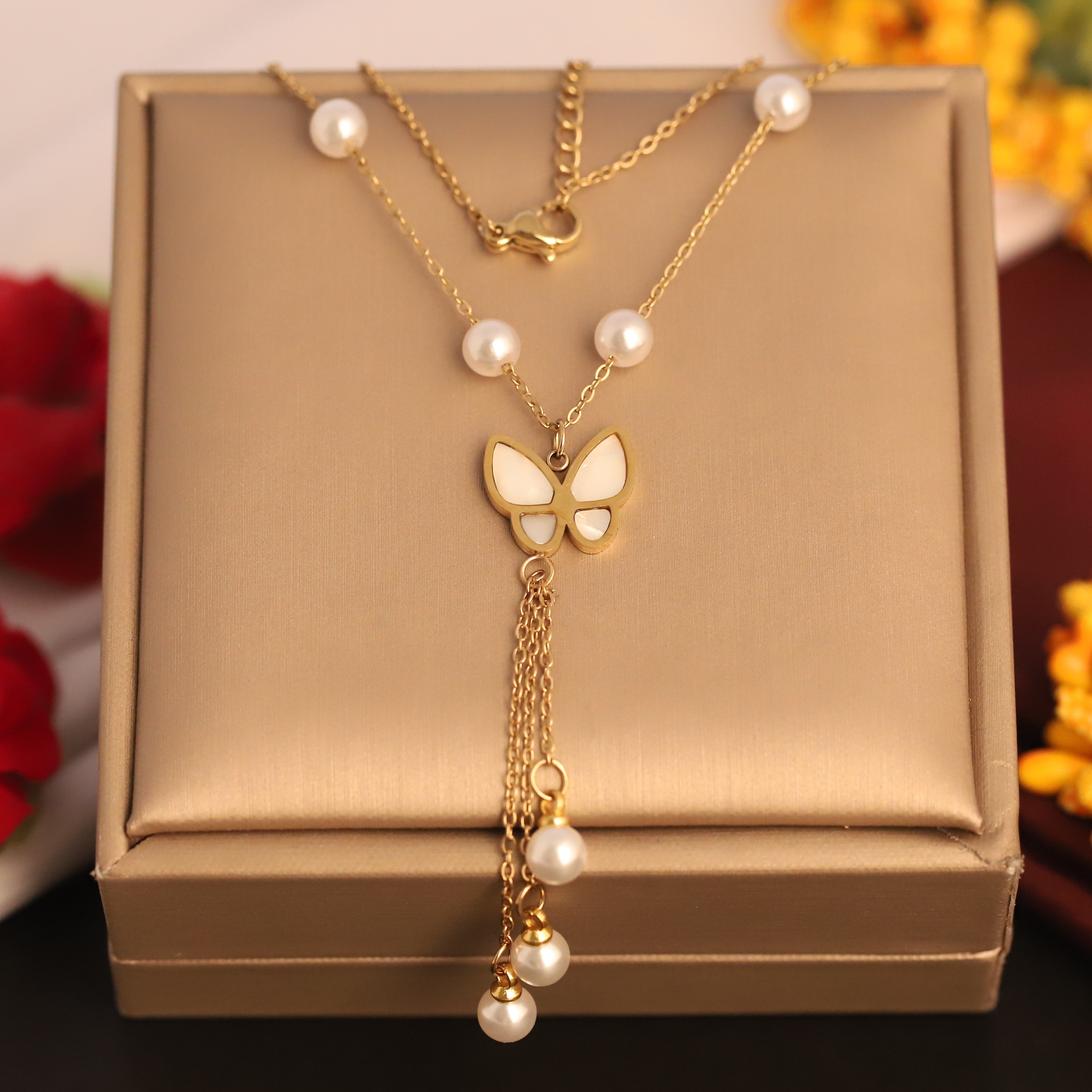 Butterfly Charm Pearl Chain Gold Plated – Single Layer, Anti-Tarnish, Waterproof, Minimalist Style (GOLD)