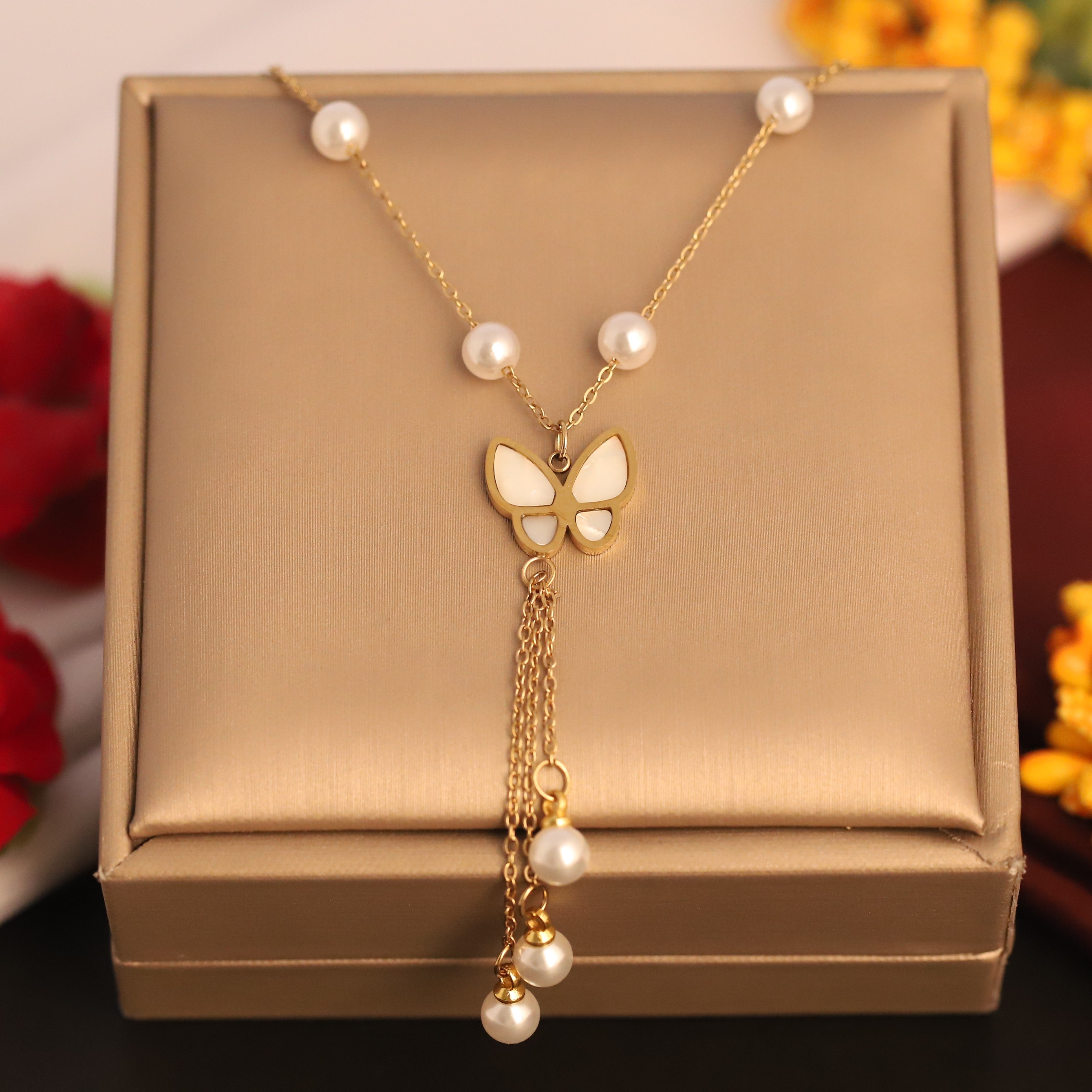 Butterfly Charm Pearl Chain Gold Plated – Single Layer, Anti-Tarnish, Waterproof, Minimalist Style (GOLD)