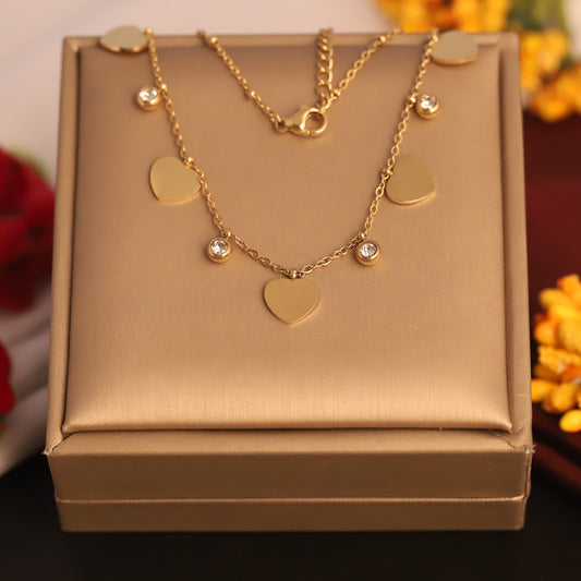Heart Charms White Stones Chain Gold Plated – Single Layer, Anti-Tarnish, Waterproof, Minimalist Style (GOLD)