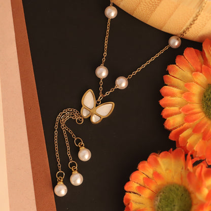 Butterfly Charm Pearl Chain Gold Plated – Single Layer, Anti-Tarnish, Waterproof, Minimalist Style (GOLD)