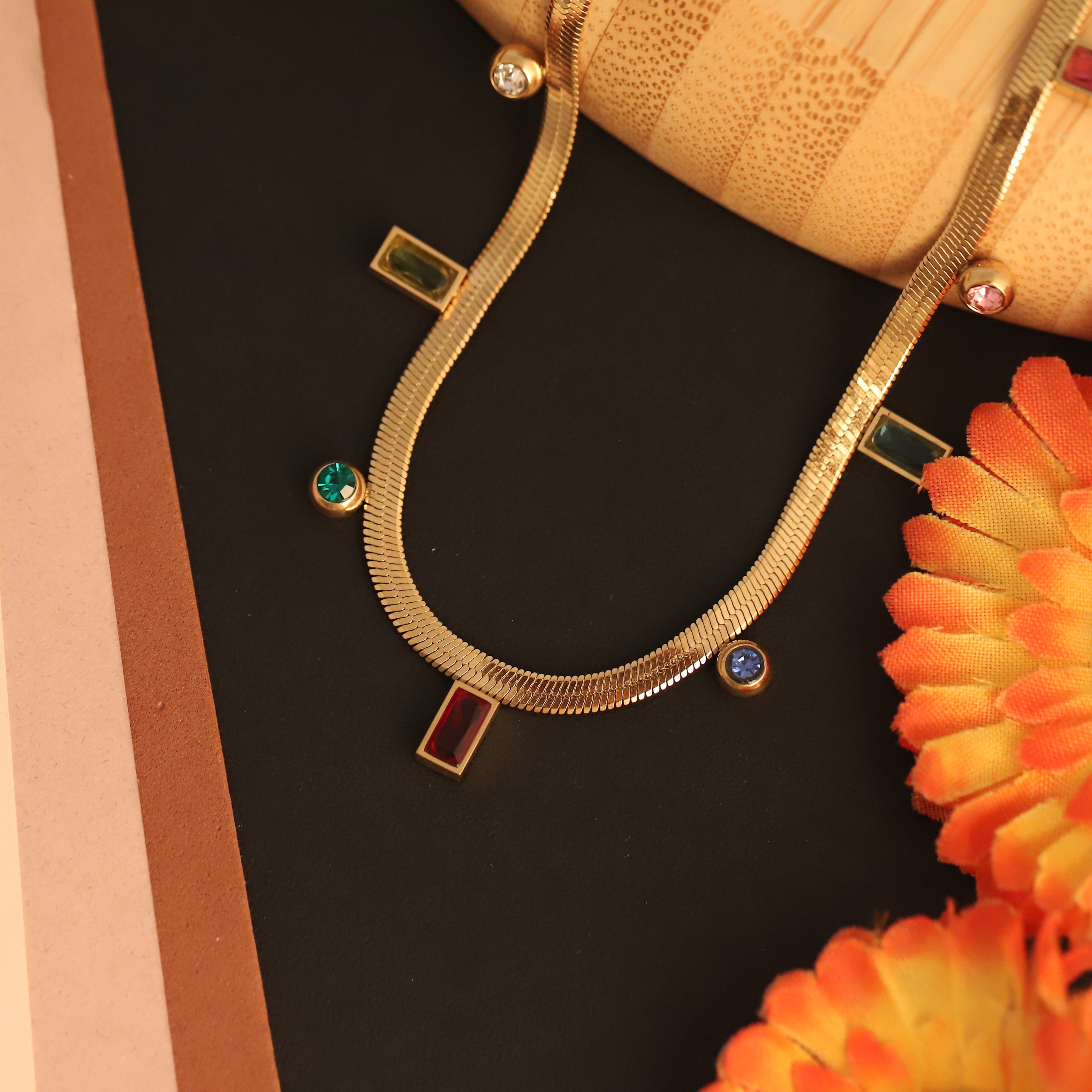 Multi Color Charm Snake Chain Gold Plated – Single Layer, Anti-Tarnish, Waterproof, Minimalist Style (GOLD)
