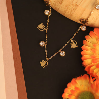 Butterfly Charms White Stones Chain Gold Plated – Single Layer, Anti-Tarnish, Waterproof, Minimalist Style (GOLD)