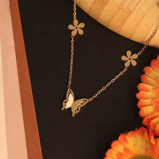 Butterfly Flower Charm Chain Gold Plated – Single Layer, Anti-Tarnish, Waterproof, Minimalist Style (GOLD)