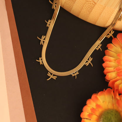 Dragonfly Charms White Stones Chain Gold Plated – Single Layer, Anti-Tarnish, Waterproof, Minimalist Style (GOLD)