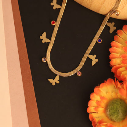 Butterfly Charms White Stones Chain Gold Plated – Single Layer, Anti-Tarnish, Waterproof, Minimalist Style (GOLD)