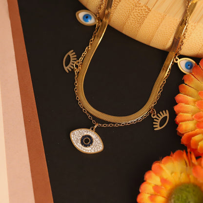 Evil Eye Charm Snake Chain Gold Plated – Double Layer, Anti-Tarnish, Waterproof, Minimalist Style (GOLD)