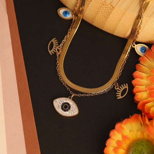 Evil Eye Charm Snake Chain Gold Plated – Double Layer, Anti-Tarnish, Waterproof, Minimalist Style (GOLD)