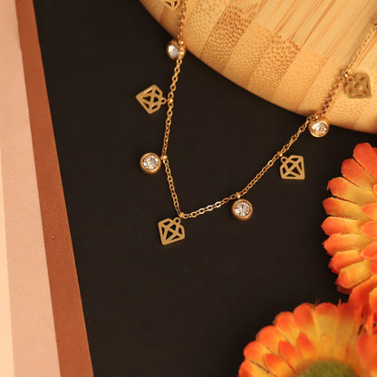 Diamond Design Charms White Stones Chain Gold Plated – Single Layer, Anti-Tarnish, Waterproof, Minimalist Style (GOLD)