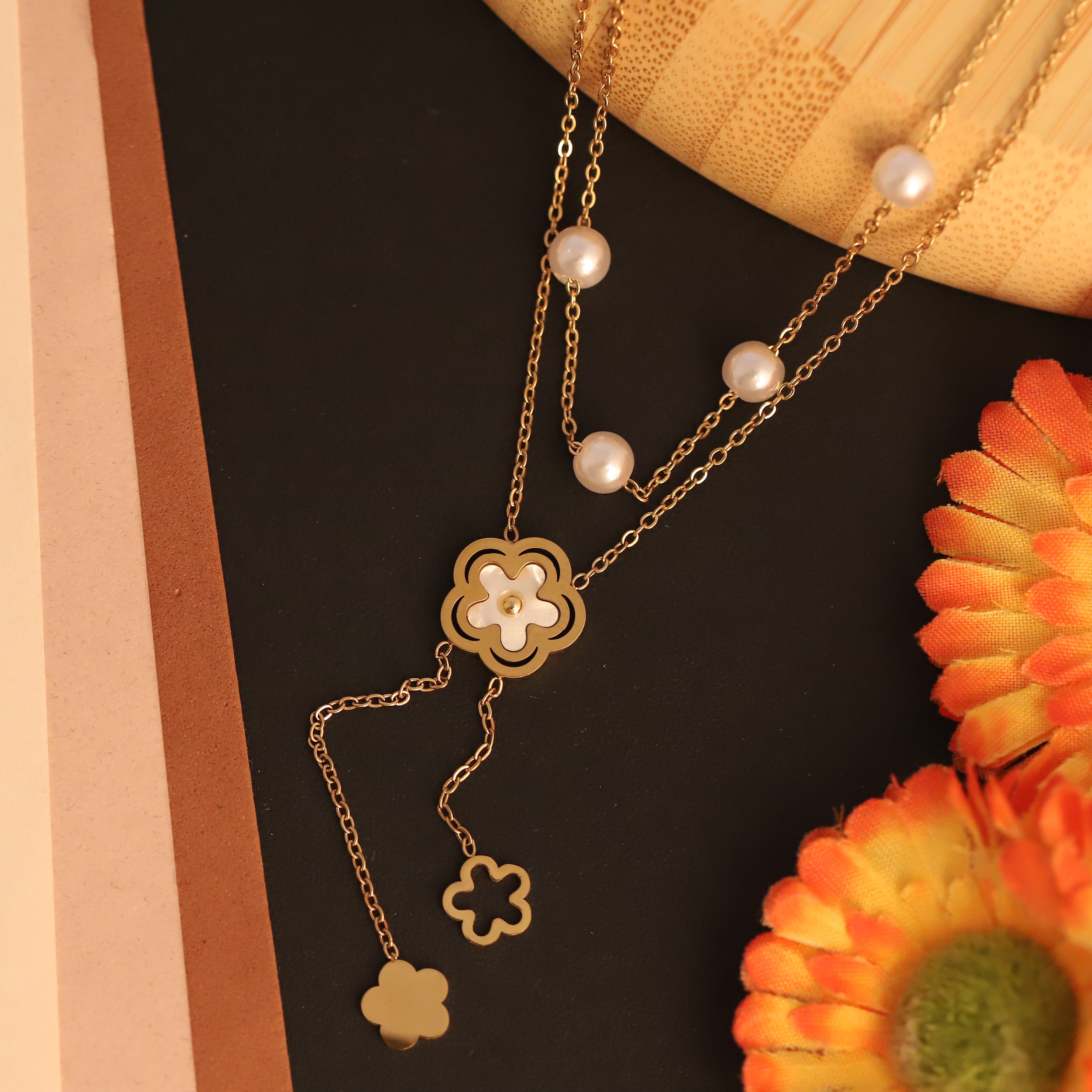 Flower Charms Pearl Chain Gold Plated – Double Layer, Anti-Tarnish, Waterproof, Minimalist Style (GOLD)