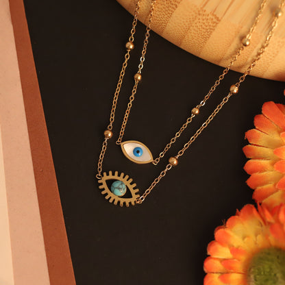 Evil Eye Charm Chain Gold Plated – Double Layer, Anti-Tarnish, Waterproof, Minimalist Style (GOLD)