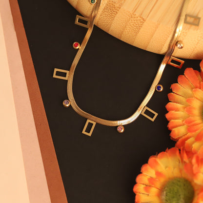 Box Charms White Stones Chain Gold Plated – Single Layer, Anti-Tarnish, Waterproof, Minimalist Style (GOLD)