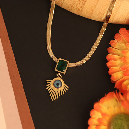Evil Eye Green Stone Charm Snake Chain Gold Plated – Single Layer, Anti-Tarnish, Waterproof, Minimalist Style (GOLD)