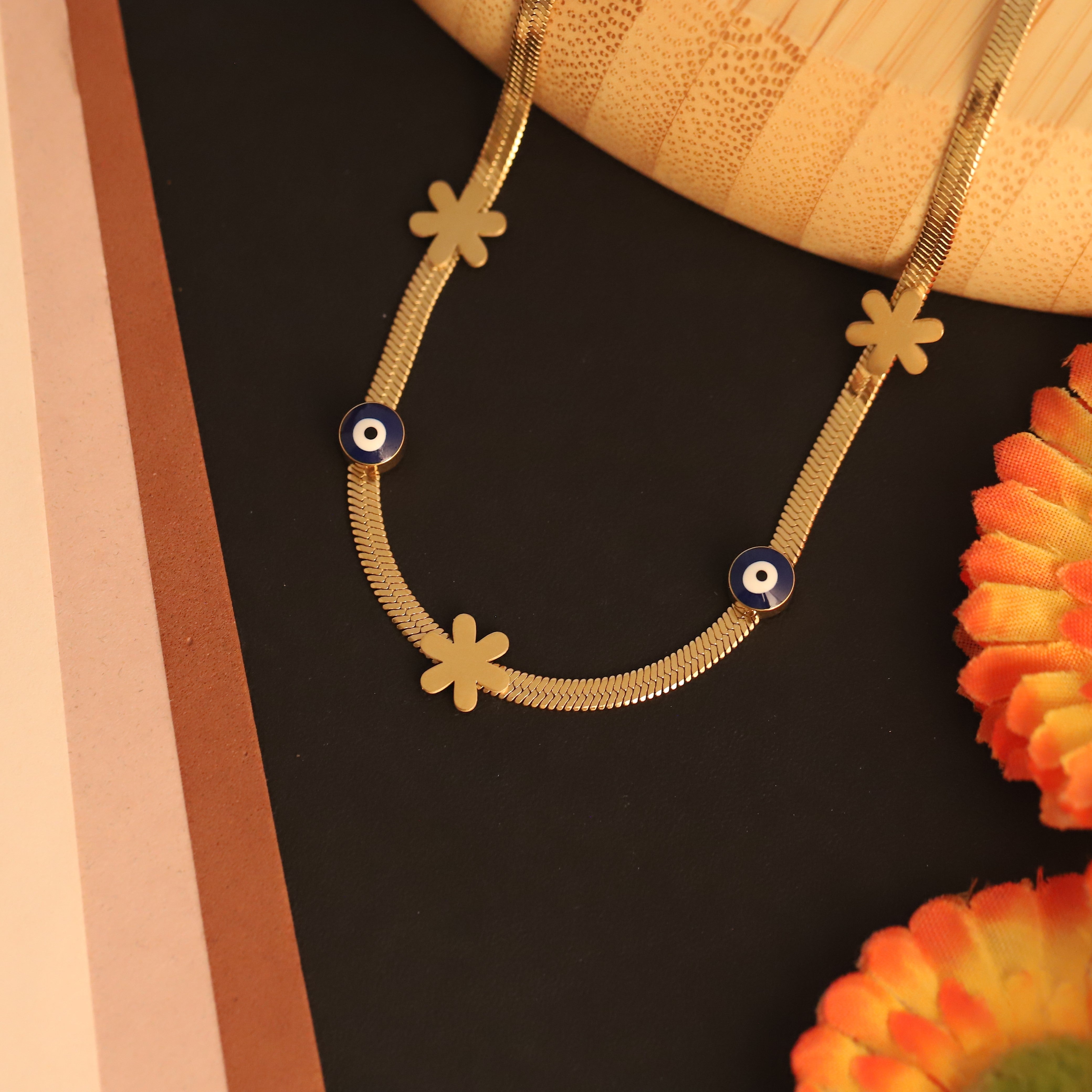 Evil Eye Flower Snake Chain Gold Plated – Single Layer, Anti-Tarnish, Waterproof, Minimalist Style (GOLD)