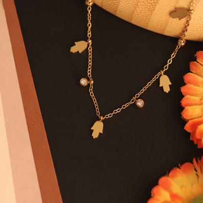 Hamza Charms White Stones Chain Gold Plated – Single Layer, Anti-Tarnish, Waterproof, Minimalist Style (GOLD)