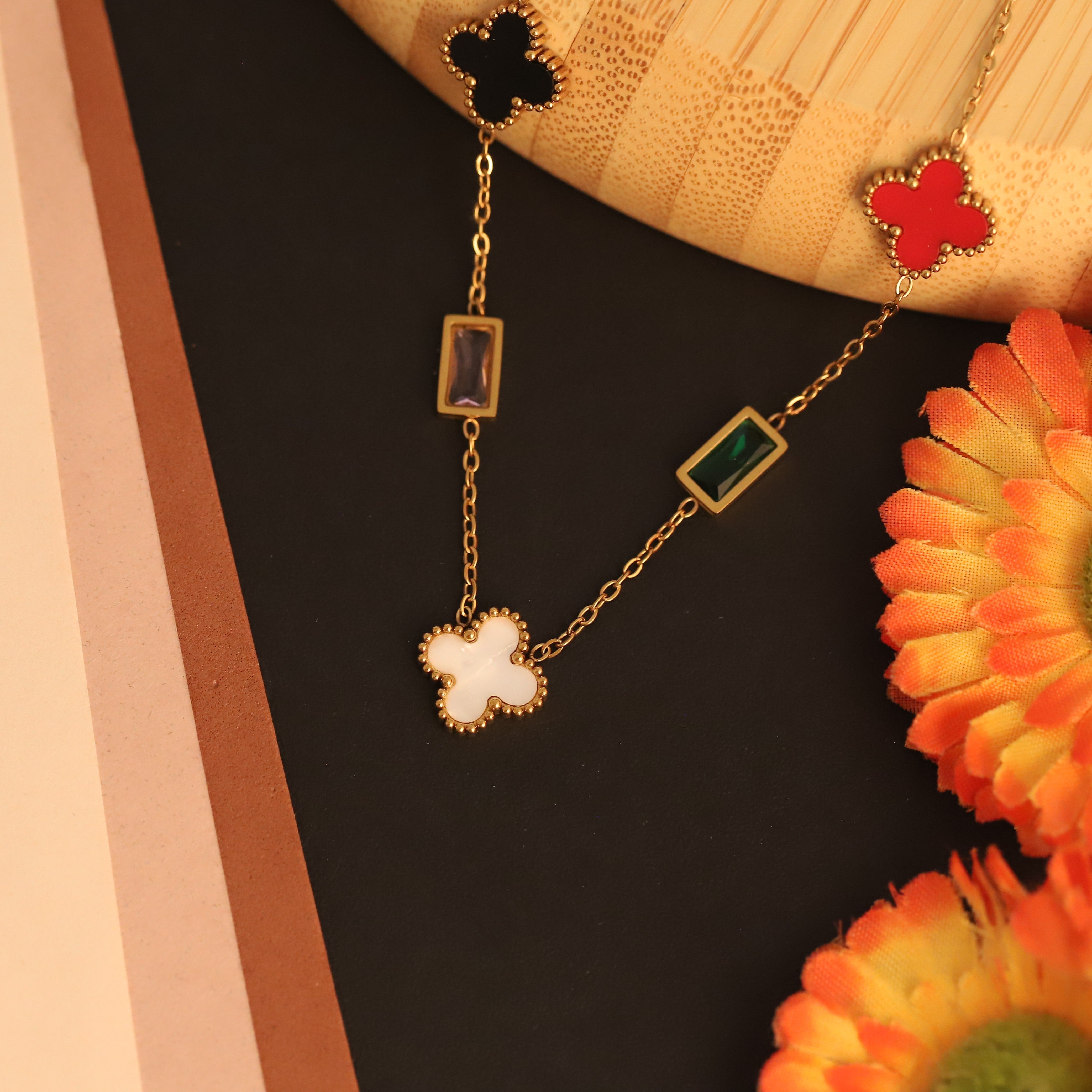 Trendy Charms Multi Color Stones Chain Gold Plated – Single Layer, Anti-Tarnish, Waterproof, Minimalist Style (GOLD)