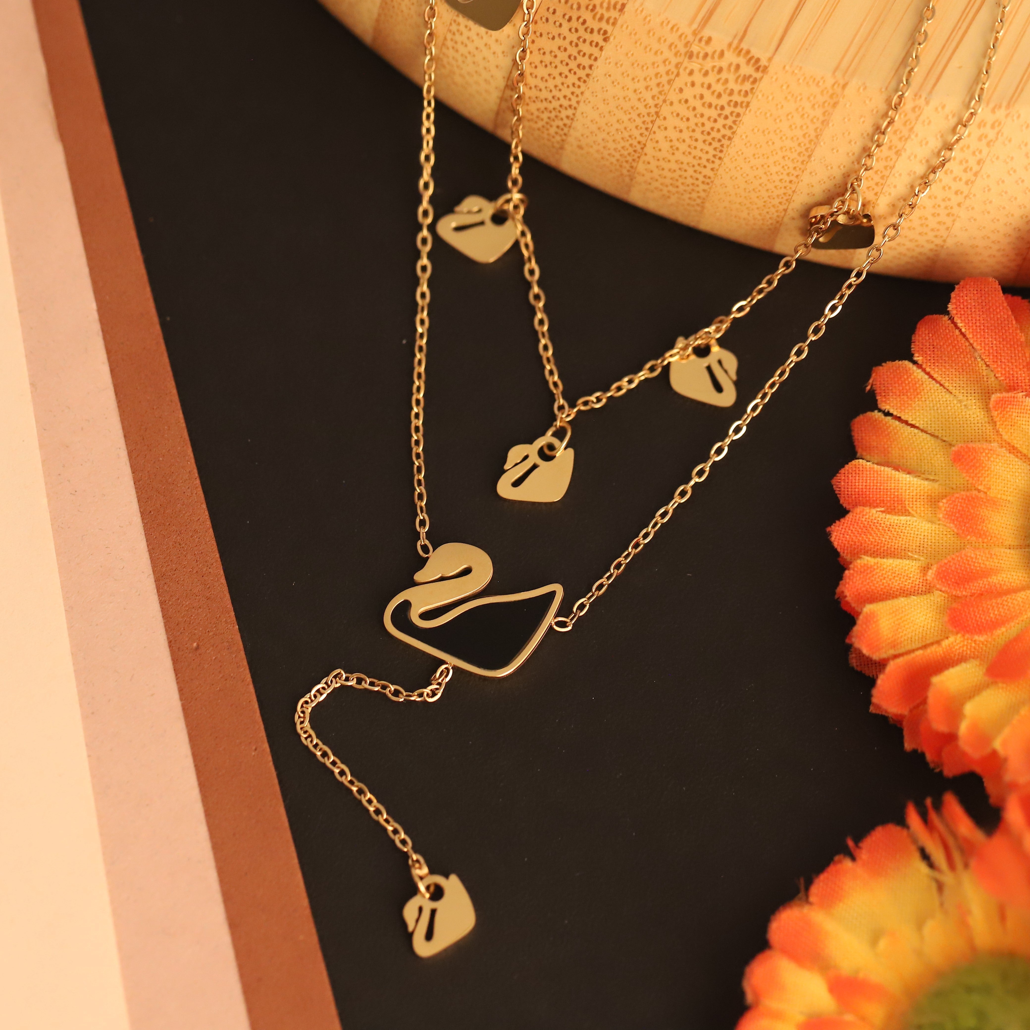 Swan Charms Chain Gold Plated – Double Layer, Anti-Tarnish, Waterproof, Minimalist Style (GOLD)