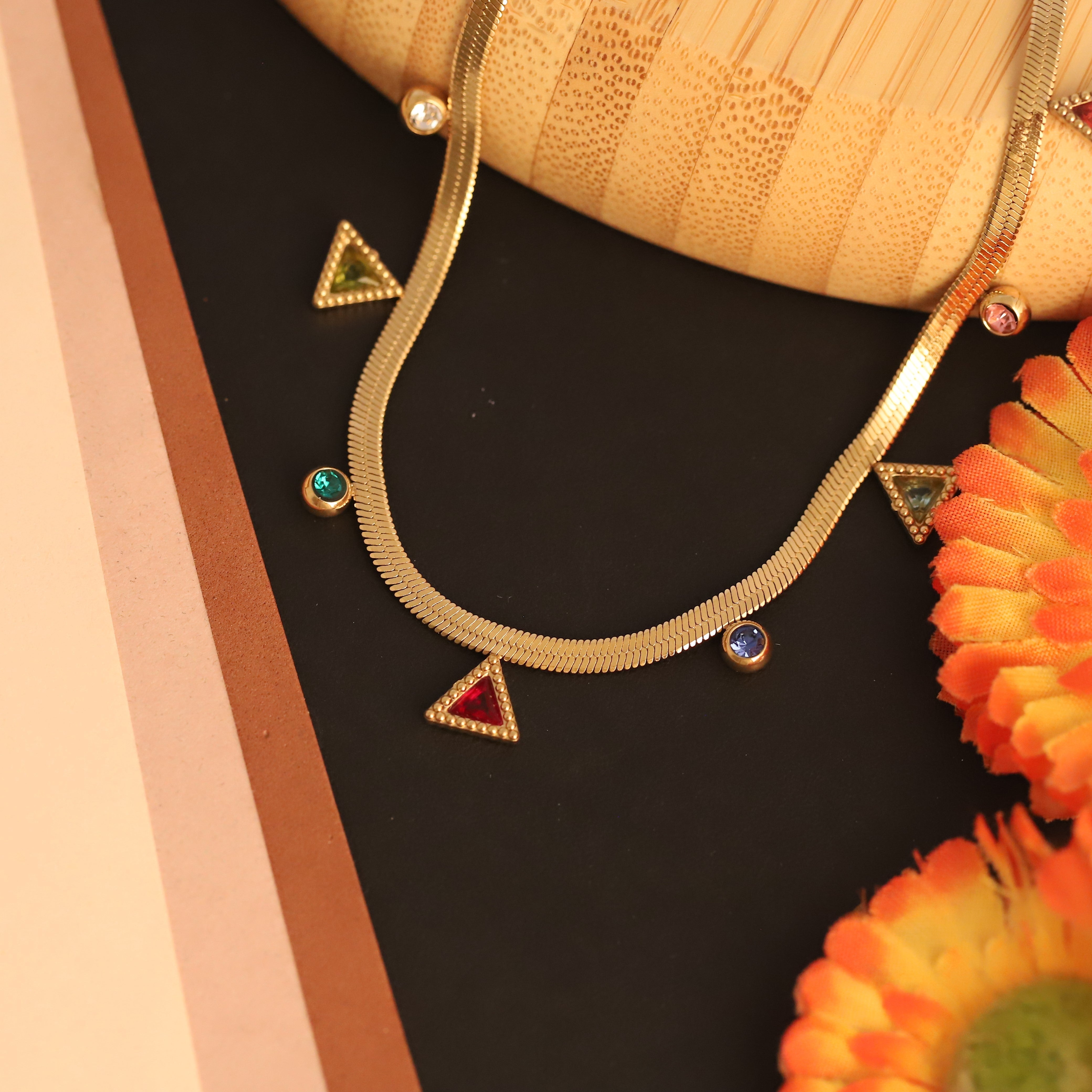 Triangle Charms Multi color Snake Chain Gold Plated – Single Layer, Anti-Tarnish, Waterproof, Minimalist Style (GOLD)