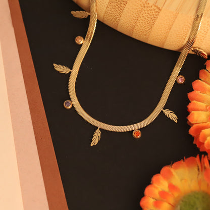 Feather Charms White Stones Chain Gold Plated – Single Layer, Anti-Tarnish, Waterproof, Minimalist Style (GOLD)