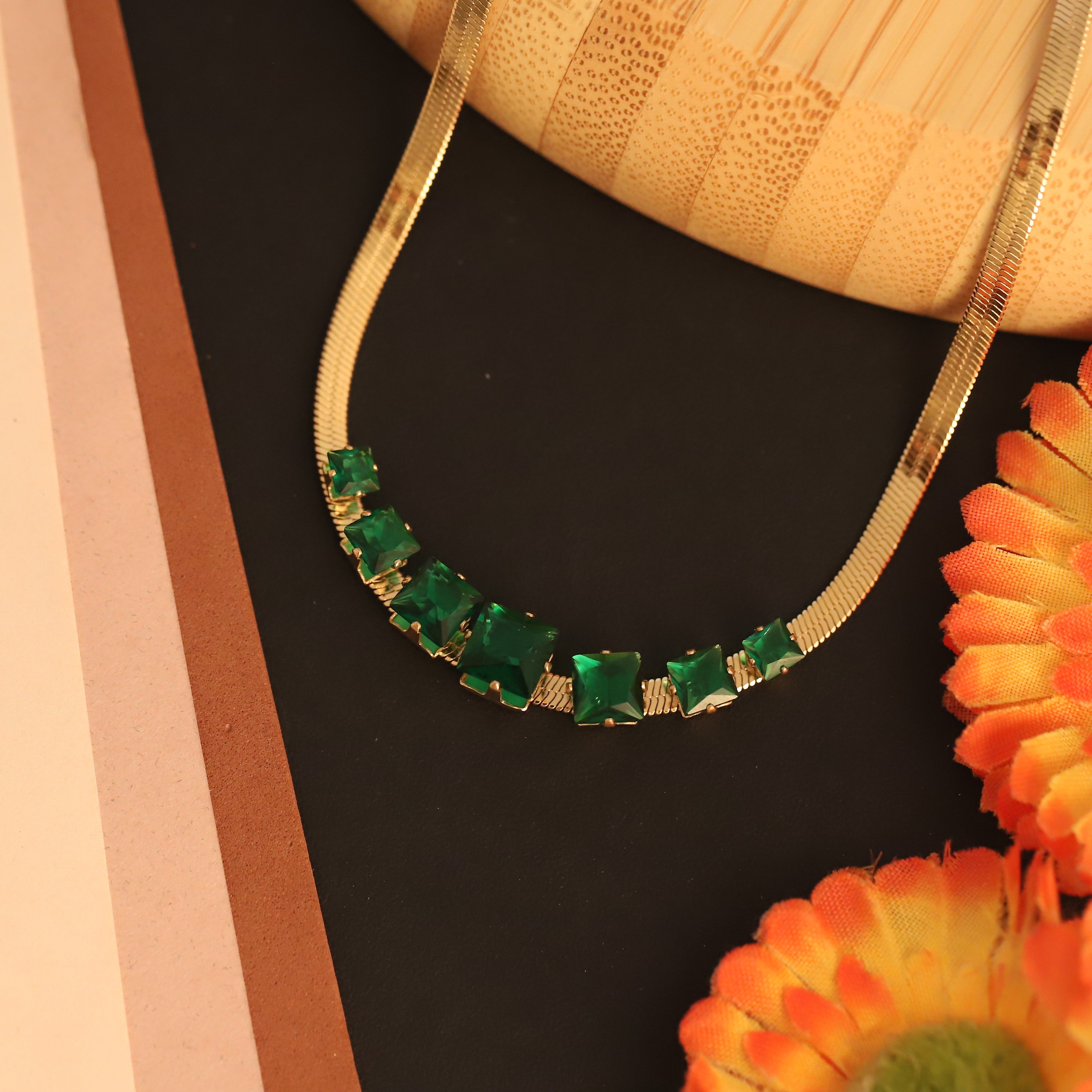 Green Stone Charm Gold Plated – Single Layer, Anti-Tarnish, Waterproof, Minimalist Style (GOLD)