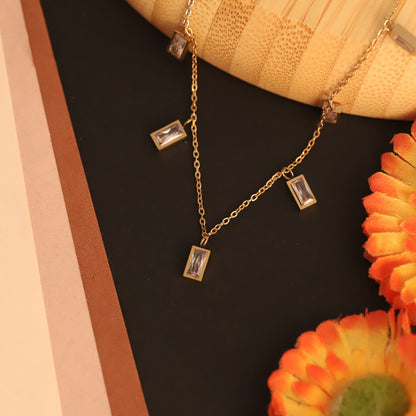Block White Stone Charms Chain Gold Plated – Single Layer, Anti-Tarnish, Waterproof, Minimalist Style (GOLD)