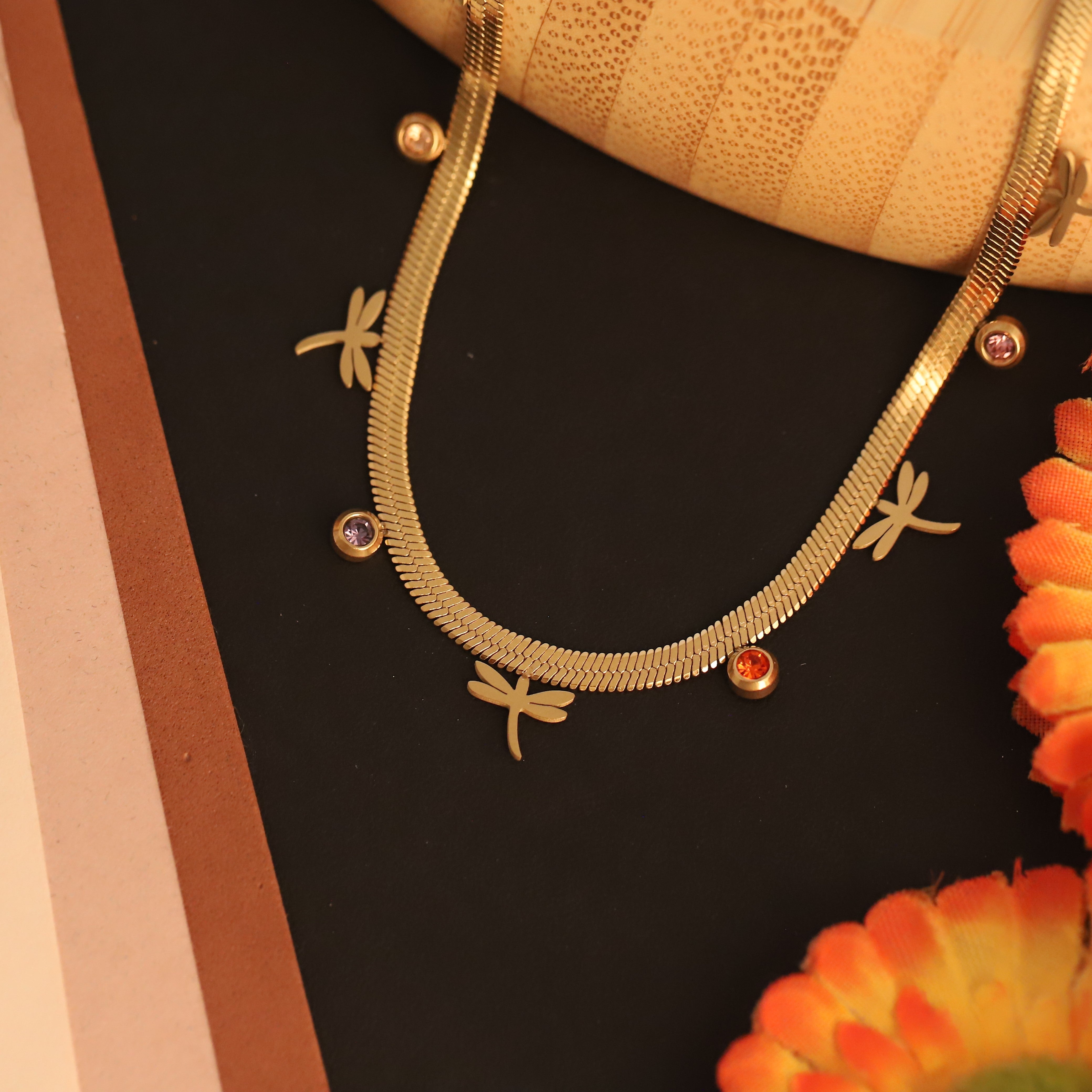 Dragonfly Charms White Stones Chain Gold Plated – Single Layer, Anti-Tarnish, Waterproof, Minimalist Style (GOLD)