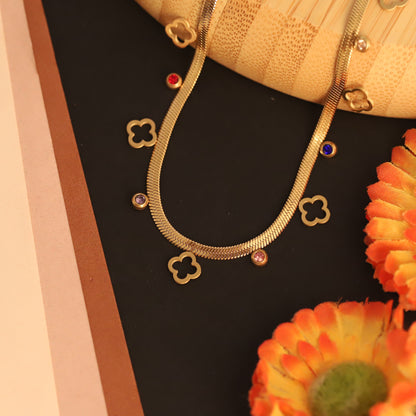 Flower Charms White Stones Chain Gold Plated – Single Layer, Anti-Tarnish, Waterproof, Minimalist Style (GOLD)