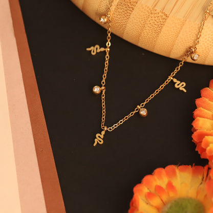 Snake Charms White Stones Chain Gold Plated – Single Layer, Anti-Tarnish, Waterproof, Minimalist Style (GOLD)