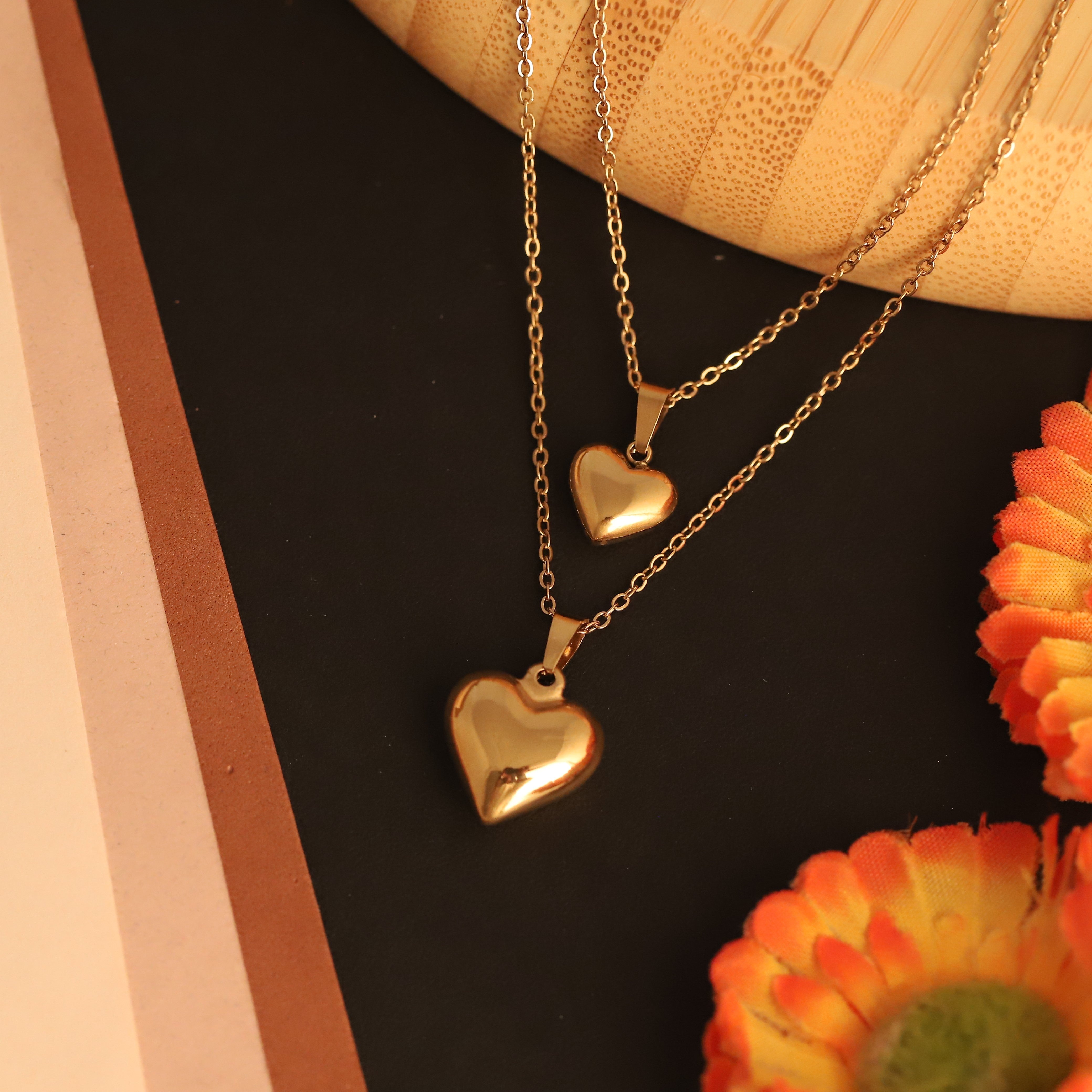 Heart Charms Chain Gold Plated – Double Layer, Anti-Tarnish, Waterproof, Minimalist Style (GOLD)