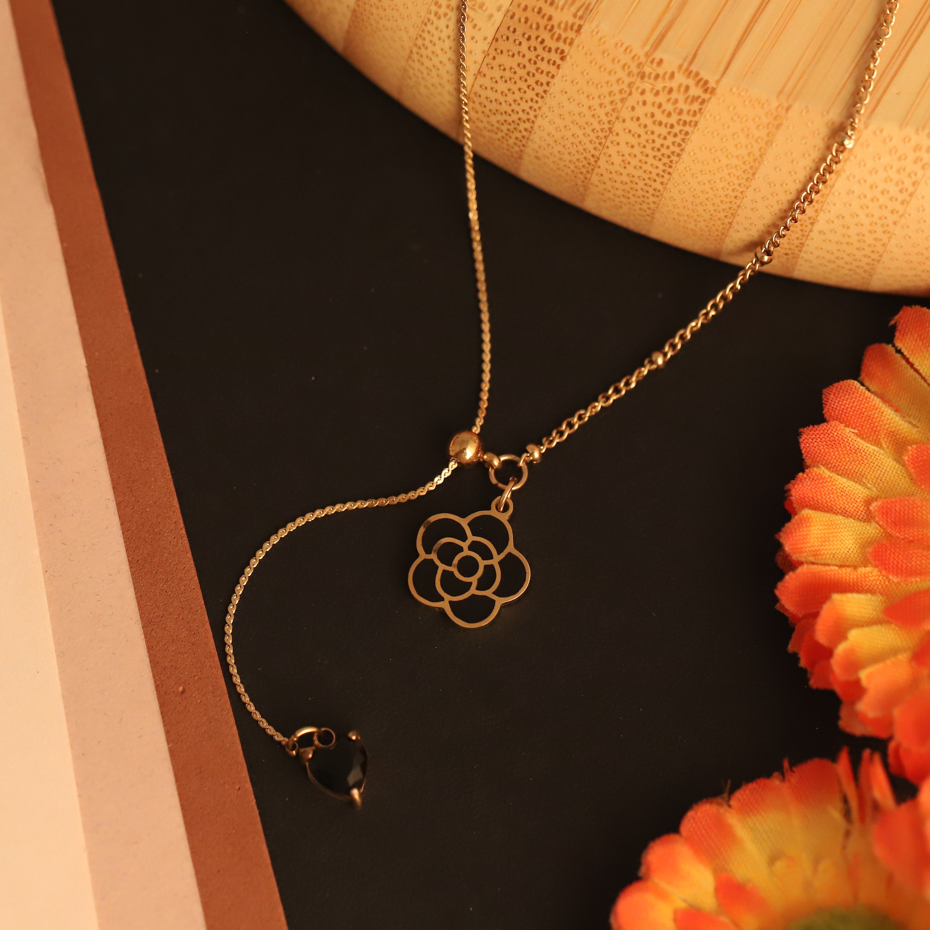 Rose Charm Black Chain Gold Plated – Single Layer, Anti-Tarnish, Waterproof, Minimalist Style (GOLD)