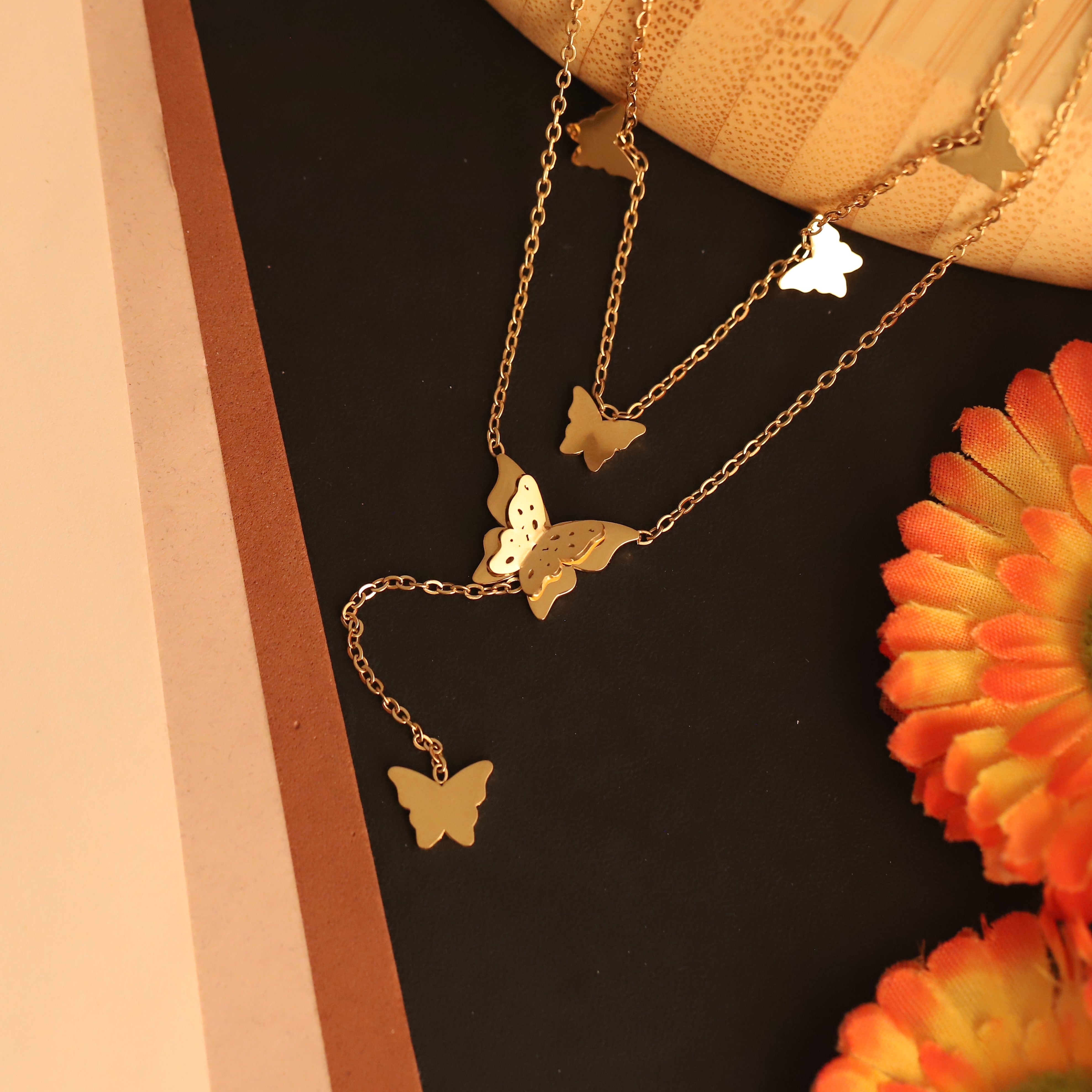 Butterfly Charms Chain Gold Plated – Double Layer, Anti-Tarnish, Waterproof, Minimalist Style (GOLD)