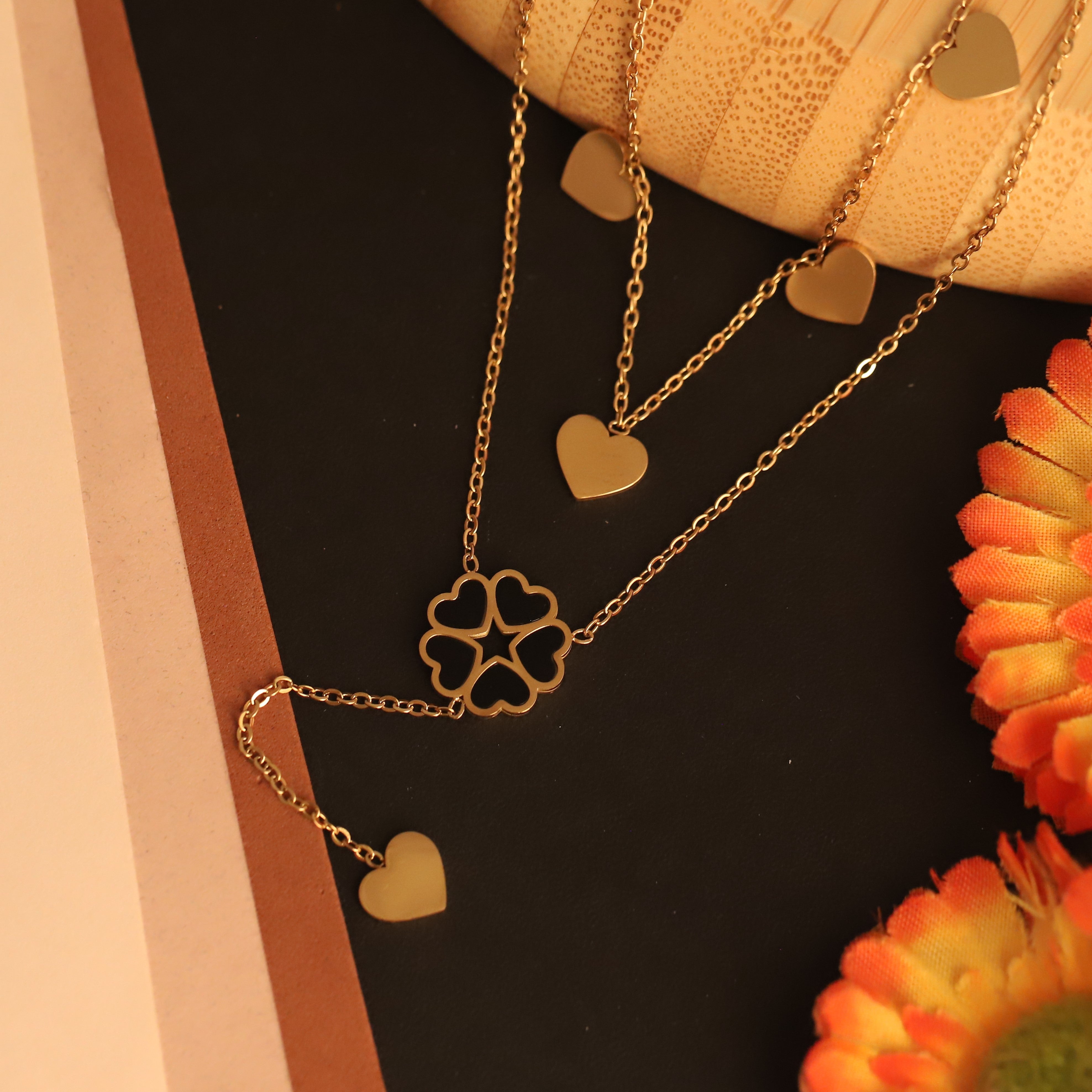 Flower Charms Chain Gold Plated – Double Layer, Anti-Tarnish, Waterproof, Minimalist Style (GOLD)