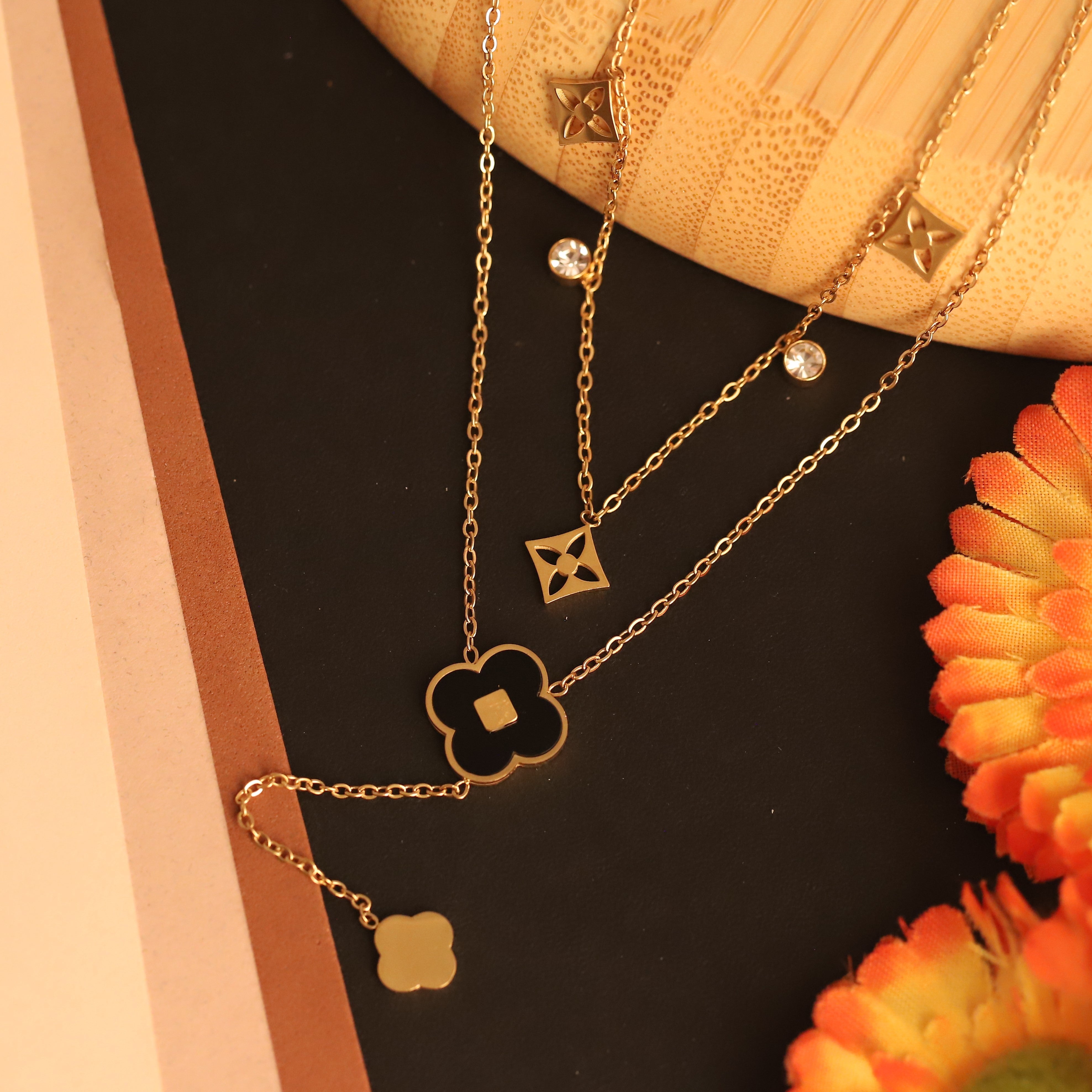Flower Charms Chain Gold Plated – Double Layer, Anti-Tarnish, Waterproof, Minimalist Style (GOLD)