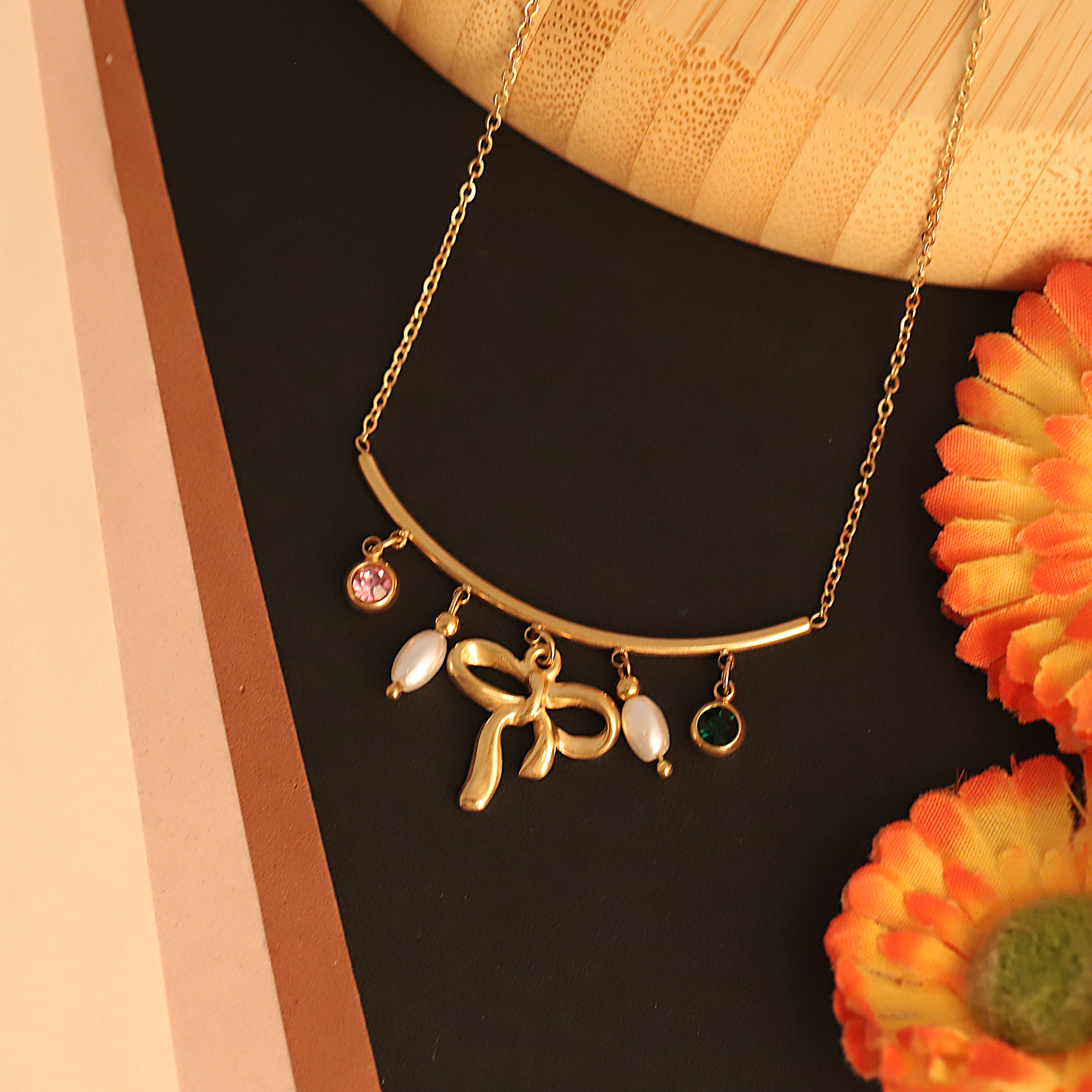 Bow Pearl Charms Chain Gold Plated – Single Layer, Anti-Tarnish, Waterproof, Minimalist Style (GOLD)