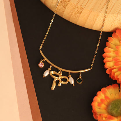 Bow Pearl Charms Chain Gold Plated – Single Layer, Anti-Tarnish, Waterproof, Minimalist Style (GOLD)