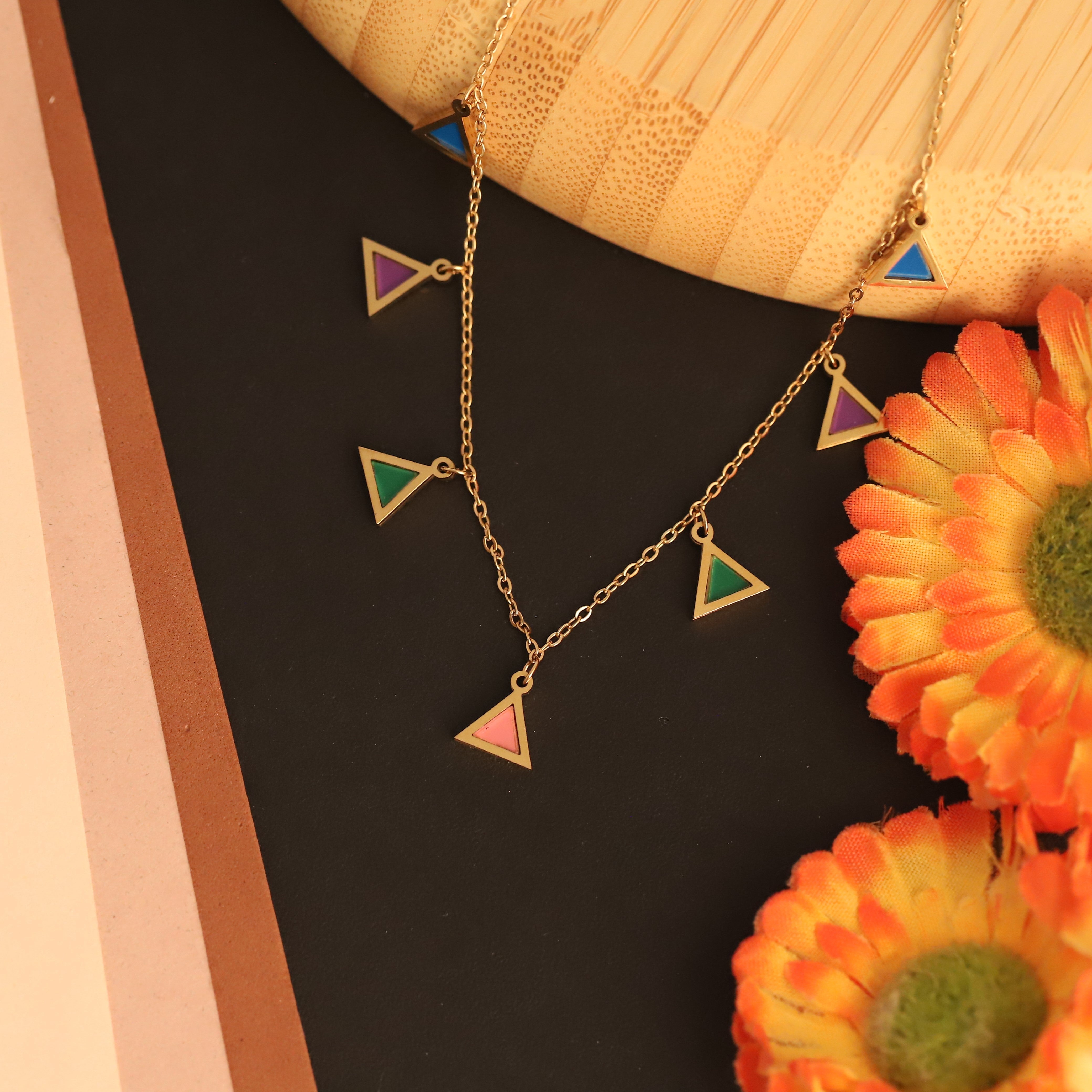 Triangle Charms Multi colorChain Gold Plated – Single Layer, Anti-Tarnish, Waterproof, Minimalist Style (GOLD)