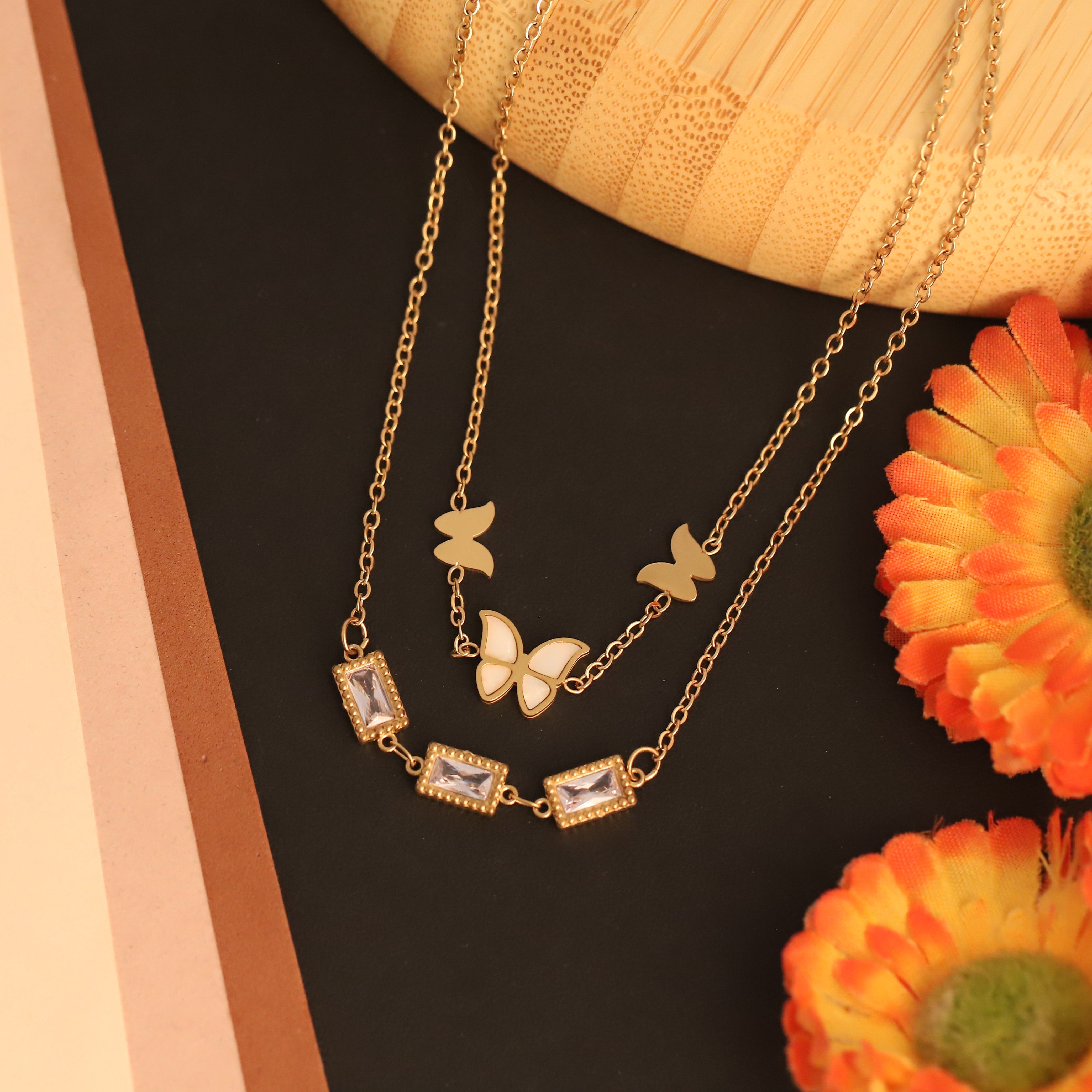 Butterfly White Stone Chain Gold Plated – Double Layer, Anti-Tarnish, Waterproof, Minimalist Style (GOLD)