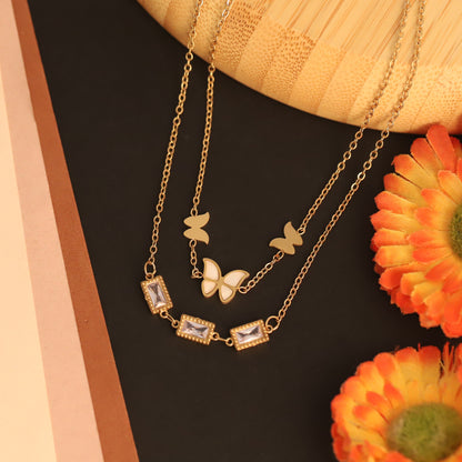 Butterfly White Stone Chain Gold Plated – Double Layer, Anti-Tarnish, Waterproof, Minimalist Style (GOLD)