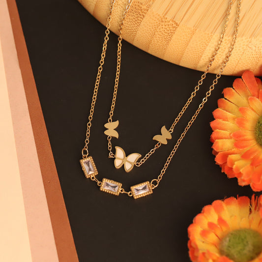 Butterfly White Stone Chain Gold Plated – Double Layer, Anti-Tarnish, Waterproof, Minimalist Style (GOLD)