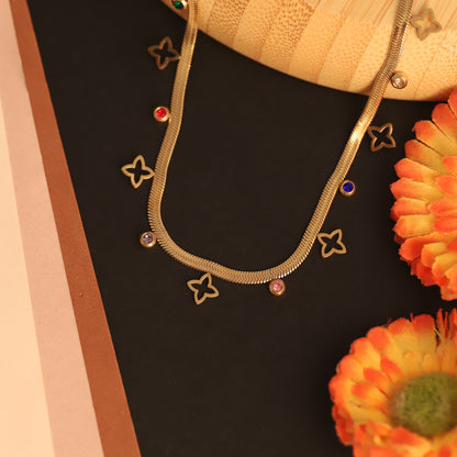 Flower Charms White Stones Chain Gold Plated – Single Layer, Anti-Tarnish, Waterproof, Minimalist Style (GOLD)