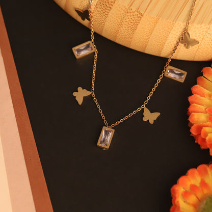Butterfly Charms White Stones Chain Gold Plated – Single Layer, Anti-Tarnish, Waterproof, Minimalist Style (GOLD)